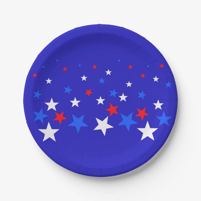 Plato De Papel Patrón de estrellas azul, rojo y blanco (Anverso)