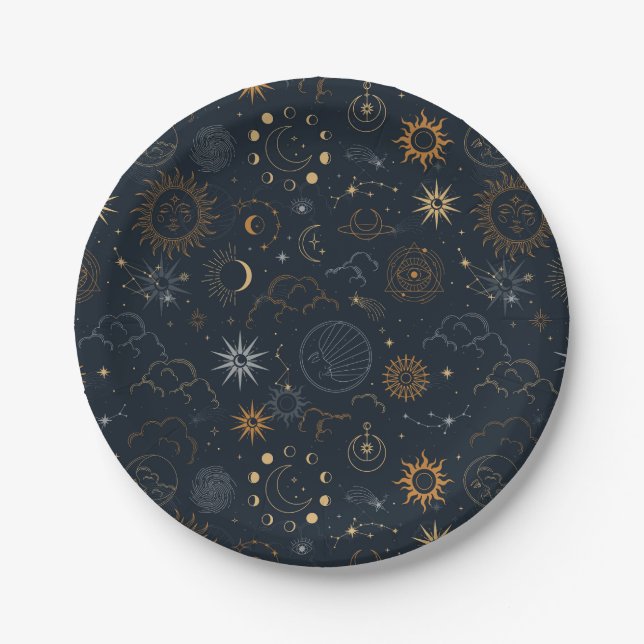 Plato De Papel Patrón de estrellas y planetas (Anverso)