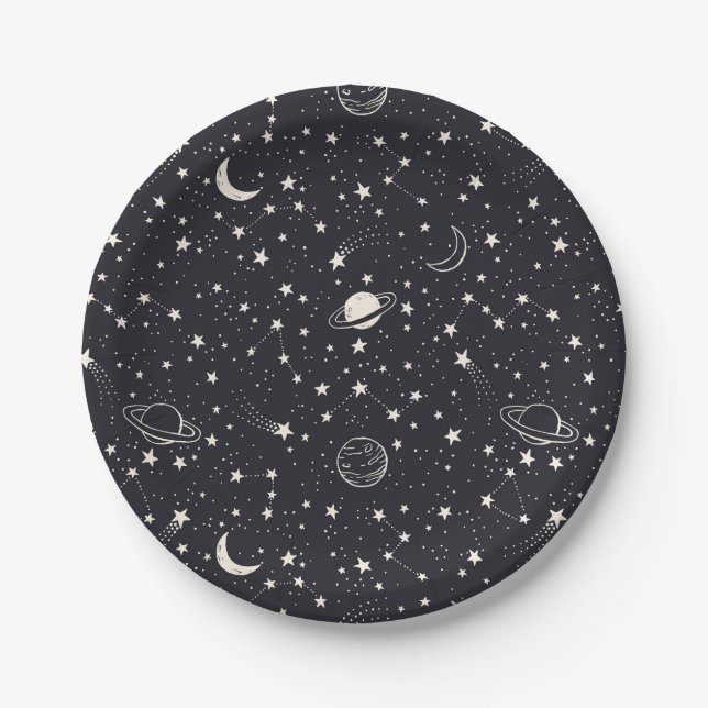 Plato De Papel Patrón de estrellas y planetas (Anverso)