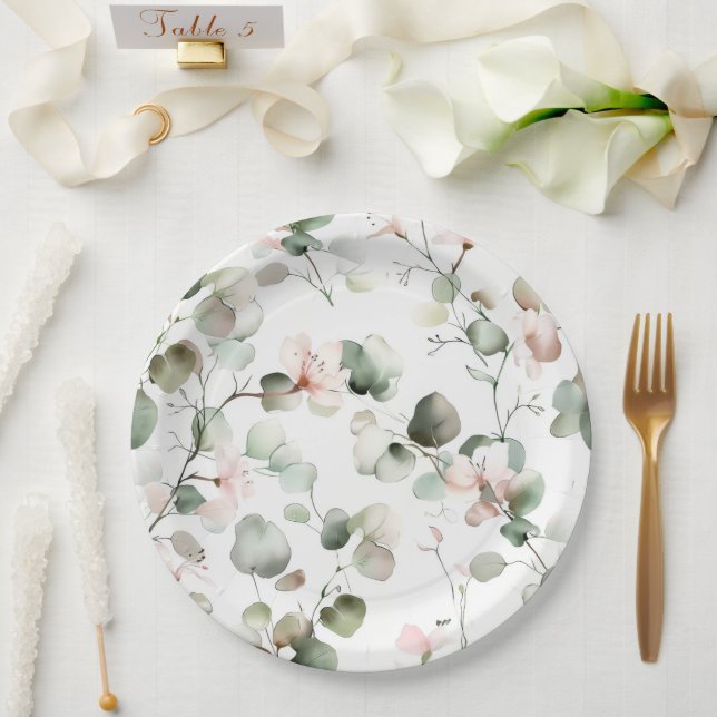 Plato De Papel Patrón de eucalipto acuarela (Boda)