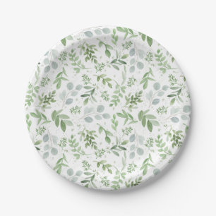 Plato De Papel Patrón de eucalipto y vegetación en acuarela