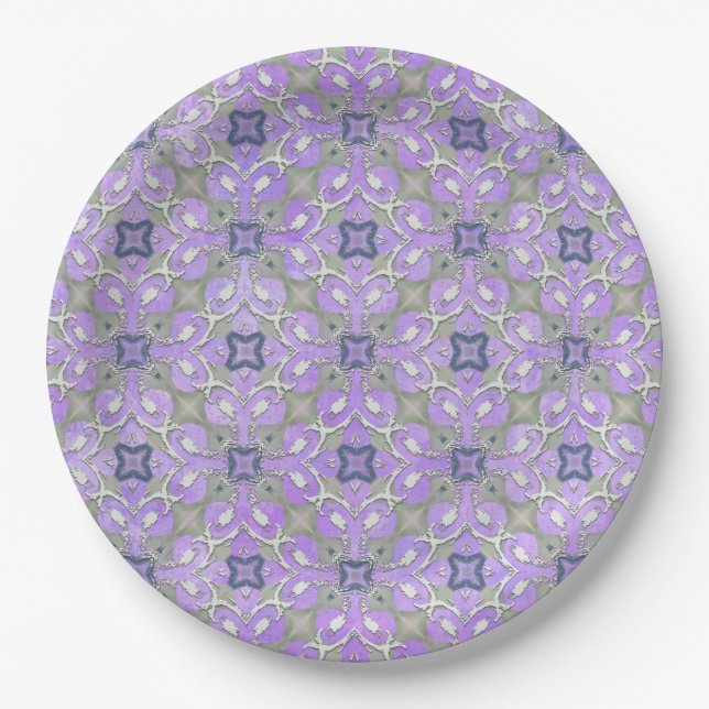 Plato De Papel Patrón de filigrino metálico gris morado azul plat (Anverso)