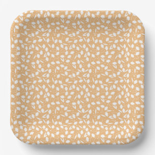 Plato De Papel Patrón de flor blanca diminuta linda patrón naranj