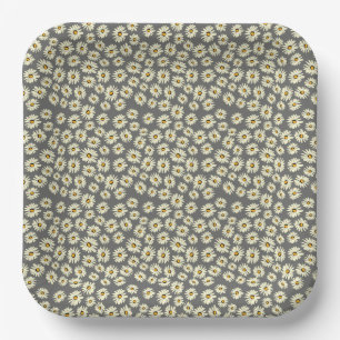 Plato De Papel Patrón de flor de margarita gris blanca naranja