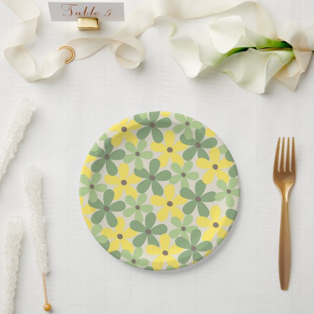 Plato De Papel Patrón de flor del año 2007 retro amarillo verde (Boda)