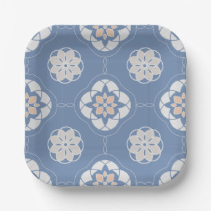 Plato De Papel Patrón de flor Naranja simétrico en azul