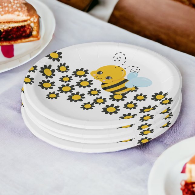 Plato De Papel Patrón de flor negro amarillo (Yellow Black Flower Pattern Paper Plates from Ricaso)
