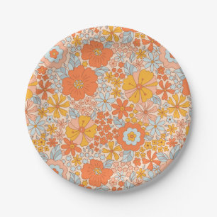 Plato De Papel Patrón de flor retro naranja