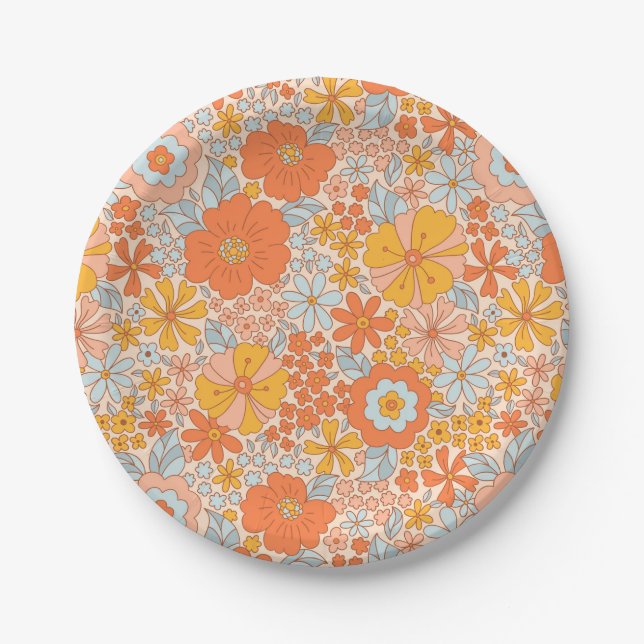 Plato De Papel Patrón de flor retro naranja (Anverso)