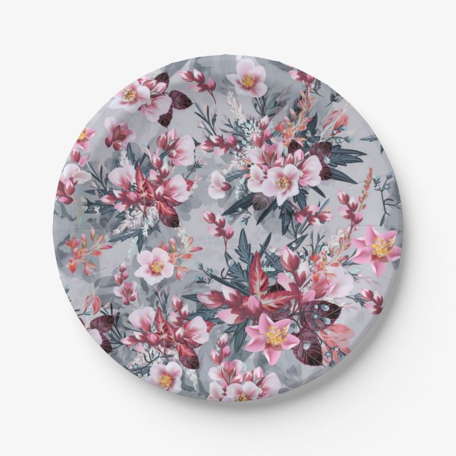 Plato De Papel Patrón de flores (Anverso)