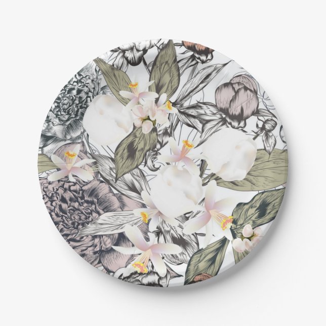 Plato De Papel Patrón de flores (Anverso)