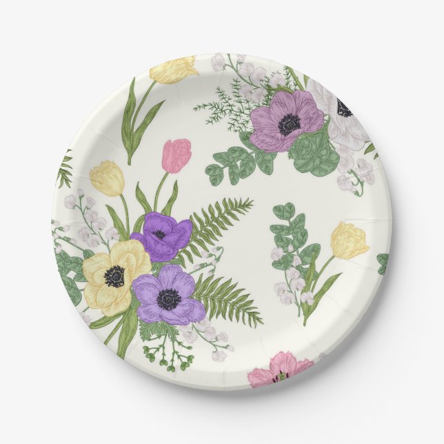 Plato De Papel Patrón de flores (Anverso)