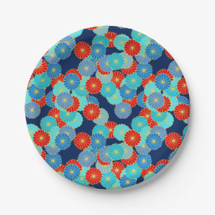 Plato De Papel Patrón de flores Art Deco - azul, turquesa y rojo