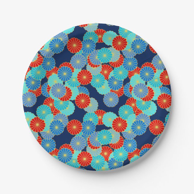 Plato De Papel Patrón de flores Art Deco - azul, turquesa y rojo (Anverso)