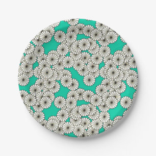 Plato De Papel Patrón de flores Art Decó - blanco sobre turquesa