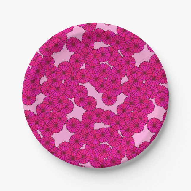 Plato De Papel Patrón de flores Art Deco - magenta sobre rosa (Anverso)