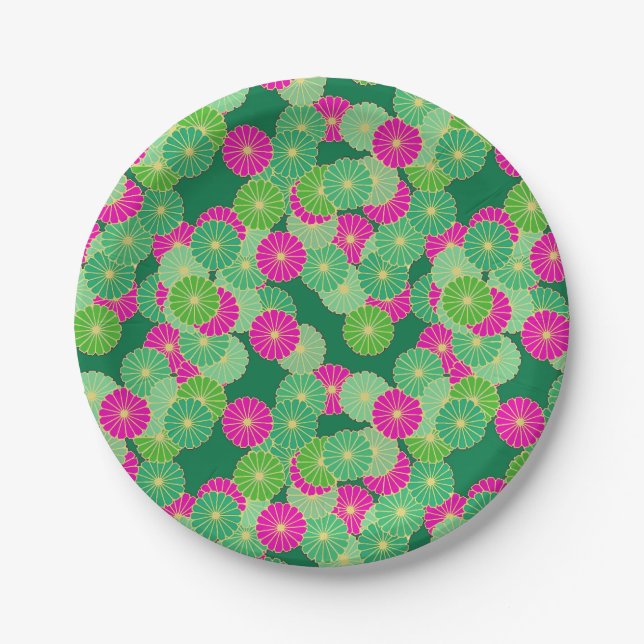 Plato De Papel Patrón de flores Art Deco - tonos de verde, fucsia (Anverso)