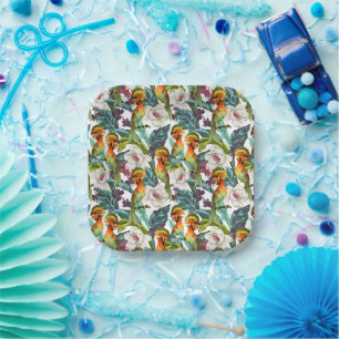 Plato De Papel Patrón De Flores Aves Y Exóticas Monograma 2