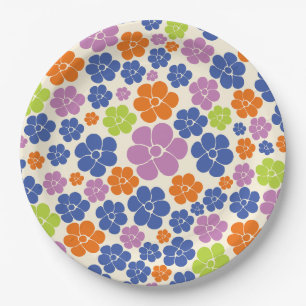 Plato De Papel Patrón de flores: azul, Naranja, púrpura, verde