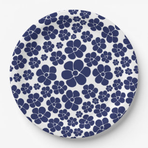 Plato De Papel Patrón de flores - Azul y blanco