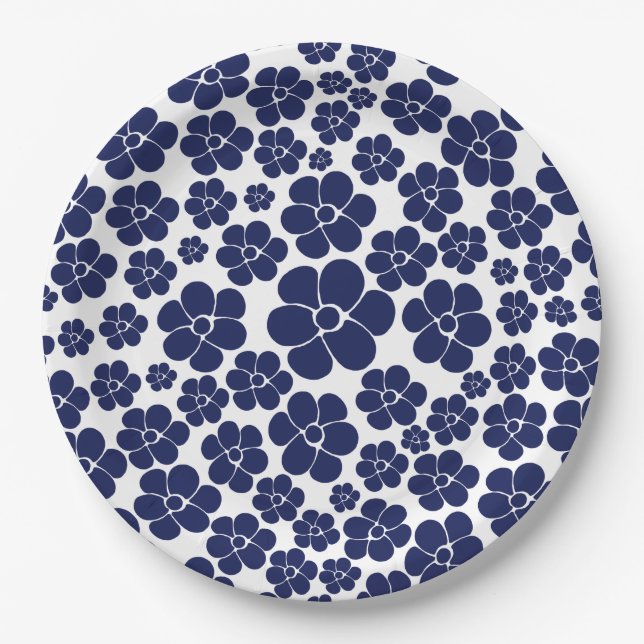 Plato De Papel Patrón de flores - Azul y blanco (Anverso)
