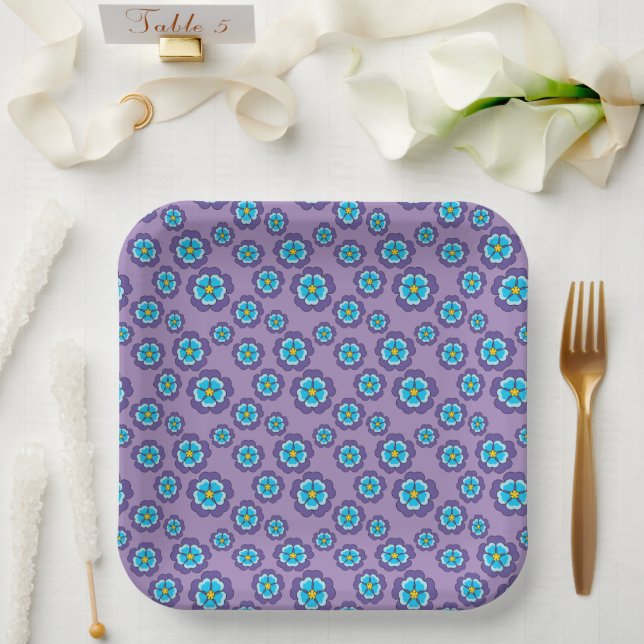 Plato De Papel Patrón de flores azules violetas (Boda)