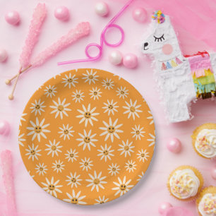 Plato De Papel Patrón de flores blancas sonrientes retro