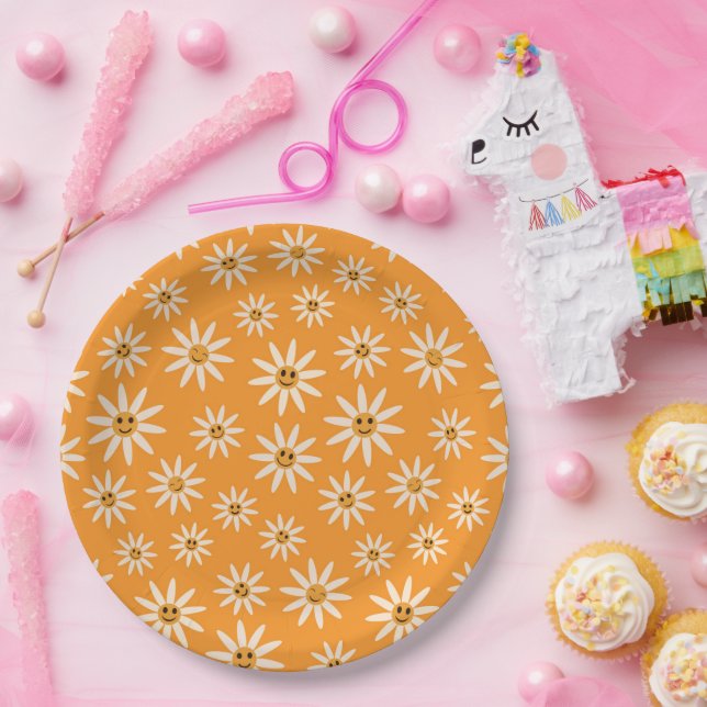 Plato De Papel Patrón de flores blancas sonrientes retro (Fiesta)