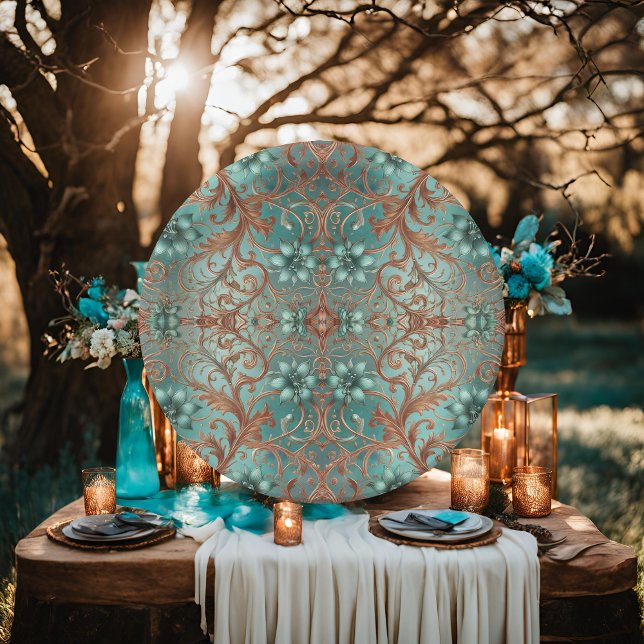 Plato De Papel Patrón de flores de cobre y turquesa elegante (Subido por el creador)
