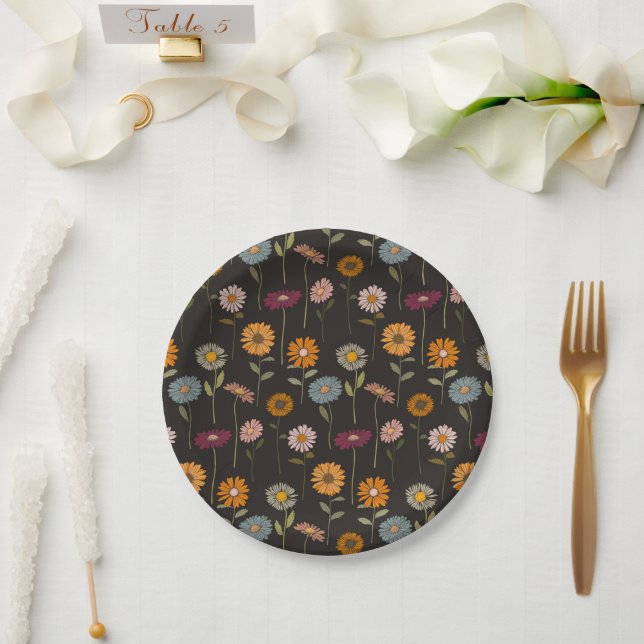 Plato De Papel Patrón de flores de dias retro (Boda)