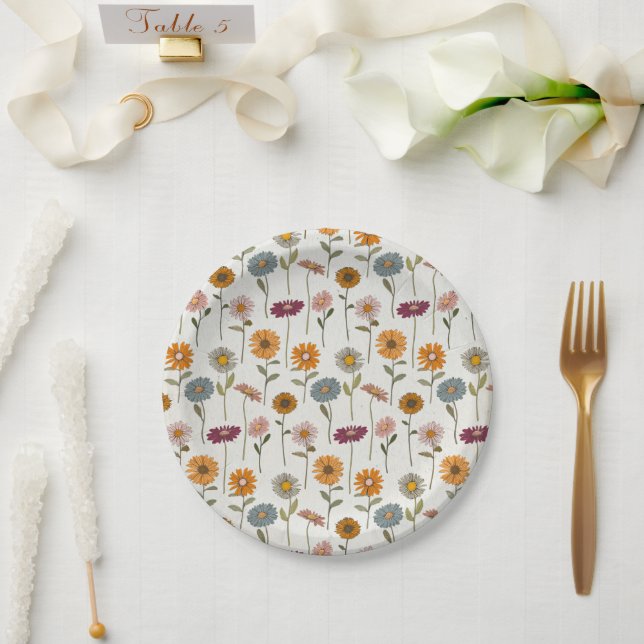 Plato De Papel Patrón de flores de dias retro (Boda)