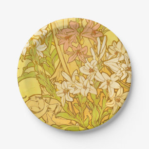 Plato De Papel Patrón de flores de lirio de Alphonse Mucha: Art N