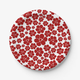 Plato De Papel Patrón de flores en rojo y blanco