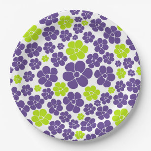 Plato De Papel Patrón de flores en verde limón y púrpura