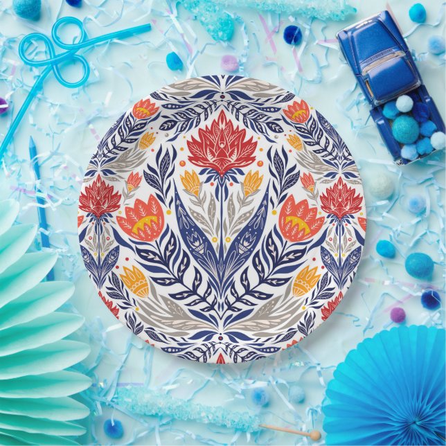 Plato De Papel Patrón de flores folclóricas (Fiesta)