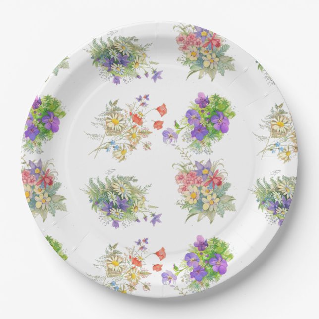 Plato De Papel patrón de flores forestales acuarela (Anverso)
