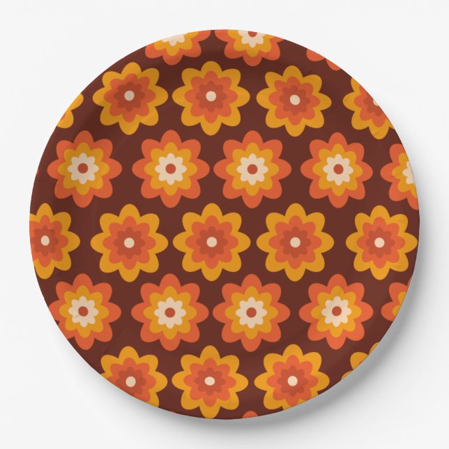 Plato De Papel Patrón de flores naranja boho hippie retro groovy  (Anverso)