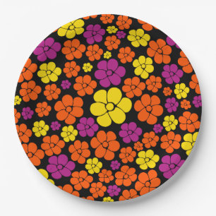 Plato De Papel Patrón de flores - negro, rosa, Naranja y amarillo