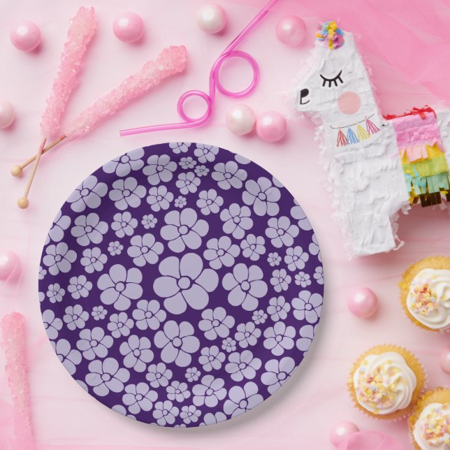 Plato De Papel Patrón de flores - Púrpura (Fiesta)