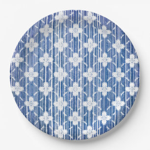 Plato De Papel Patrón de flores rayadas de ocmbre blanco azul
