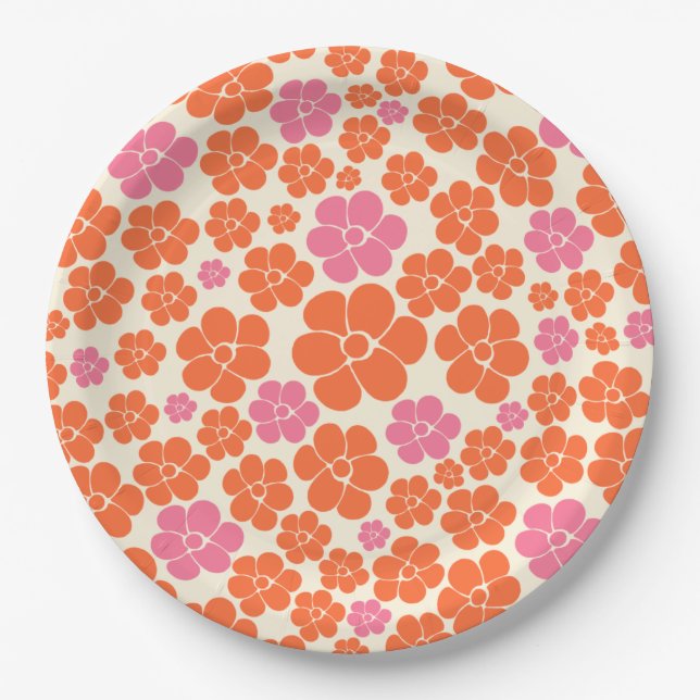 Plato De Papel Patrón de flores - rosa, Naranja y crema (Anverso)