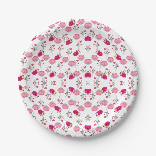 Plato De Papel Patrón de flores rosadas (Anverso)