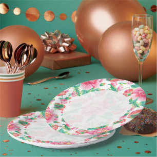 Plato De Papel Patrón de flores rosadas brillantes