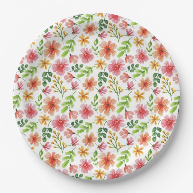 Plato De Papel Patrón de flores rosadas en acuarela (Anverso)