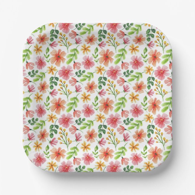 Plato De Papel Patrón de flores rosadas en acuarela (Anverso)