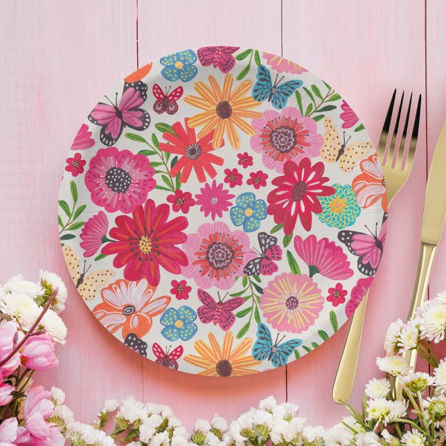 Plato De Papel Patrón de flores silvestres brillantes para la duc (Bright Wildflower Pattern Bridal Shower Paper Plates)