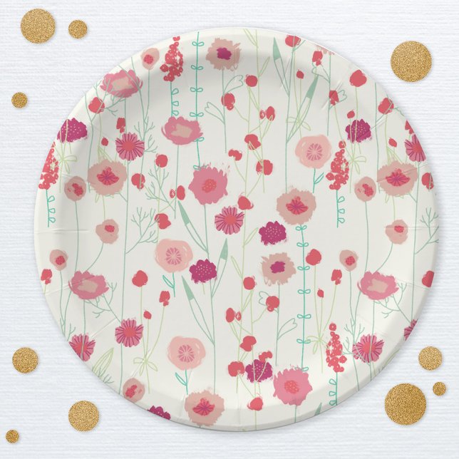 Plato De Papel Patrón de flores silvestres Crema rosa Amarillo (Wildflower floral botanical pink yellow cream party paper plates)