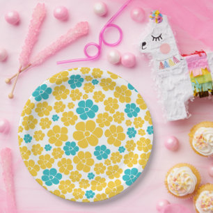 Plato De Papel Patrón de flores - Turquesa y amarillo