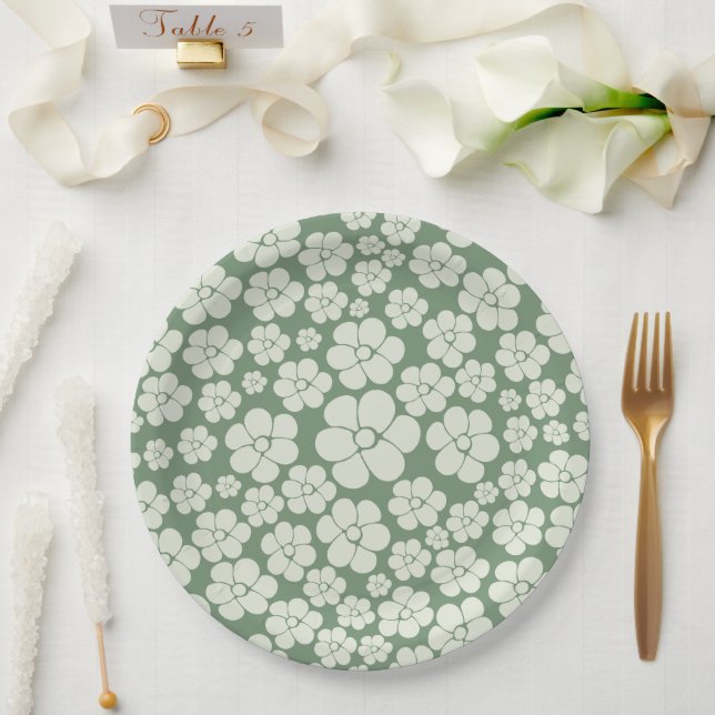 Plato De Papel Patrón de flores - Verde (Boda)