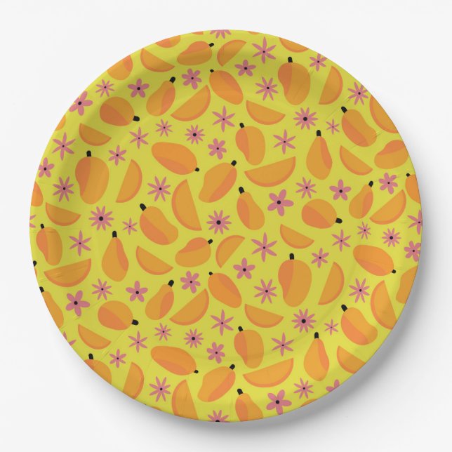 Plato De Papel Patrón de flores y frutas de mango lindas   (Anverso)